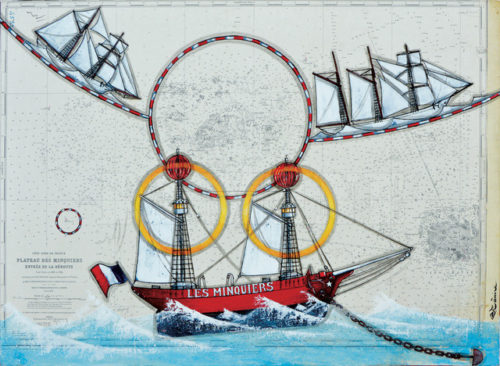 Le bateau feu des Minquiers, acrylique sur carte marine, 73 x 100 cm